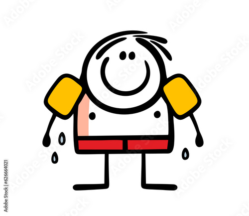 Cartoon wet child got out of the water. Vector illustration of a stickman boy with armbands in swimming trunks.