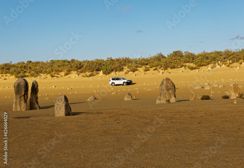 Pinnacles Desert in Nambung National Park, Western Australia, landscape scenery from the desert area with the rocky standing stones in Shire of Dandaragan photo