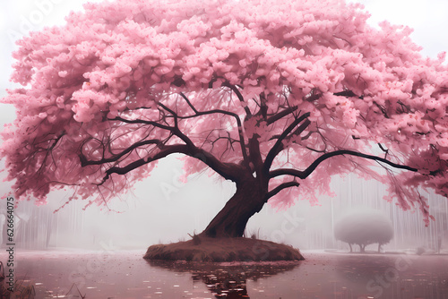 Sakura (Prunus serrulata) - Japan - Sakura trees, or cherry blossoms, produce stunning pink or white flowers in spring, symbolizing renewal and the transience of life (Generative AI)