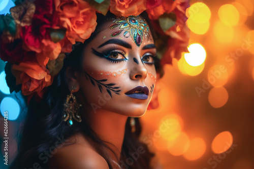 close-up young woman with make-up at the festival Day of the Dead - Dia de los Muertos  Day of the dead  - a holiday dedicated to the memory of the dead.generative Ai