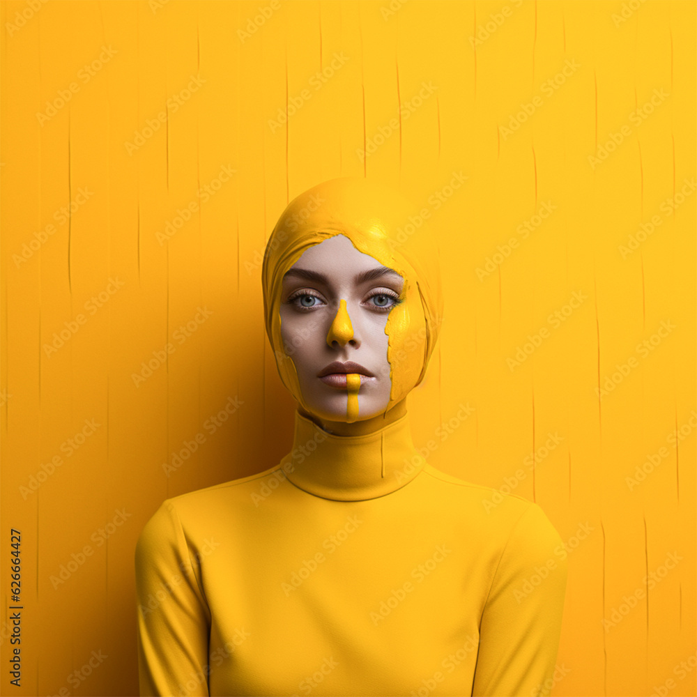 portrait of a young woman with yellow paint. series of backgrounds for design in yellow tones