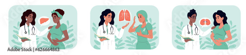 World Organ Donation Day. Doctors and patients of different races and ages. Male and female doctors talk to patients who need organ transplants.
