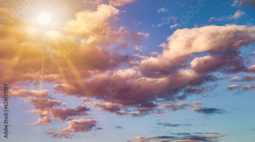 Cloudscape of blue sky with fluffy clouds sunlight on clean background, amazing wallpaper. Panorama beauty clear cloudy in sunshine atmospheric backdrop. Design backgrounds concept. Copy ad text space