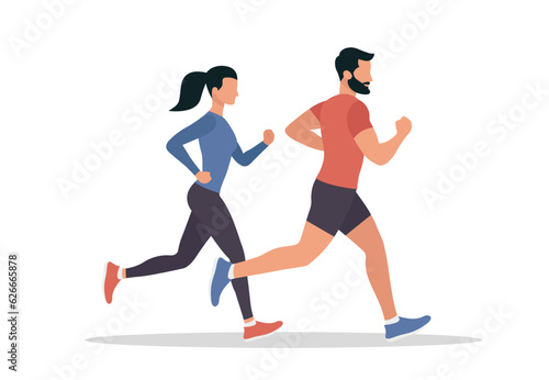 Running man and woman. Sport, healthy lifestyle, weight loss. Flat style. Isolated on a white background.