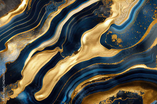 Blue and golden acrylic liquid ink swirl abstract background with ravishing turbulence wavy pattern and detailed texture. Luxury fluid liquid art by Generative AI.