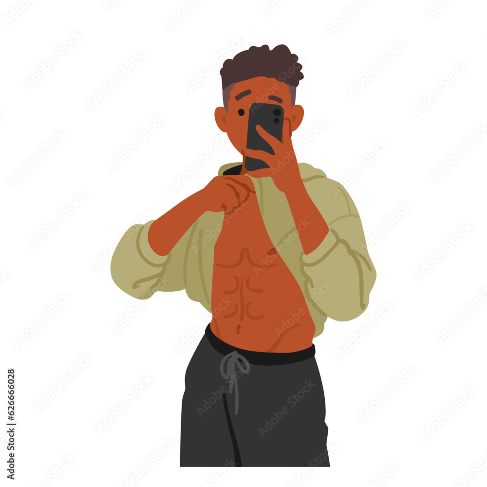 Gym Selfie Concept. Man Capturing A Self-portrait While Working Out, Fit Male Character Showcasing His Belly Press Gym Selfie Concept. Man Capturing A Self-portrait While Working Out, Fit Male Character Showcasing His Belly Press