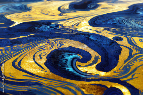 Blue and golden acrylic liquid ink swirl abstract background with ravishing turbulence wavy pattern and detailed texture. Luxury fluid liquid art by Generative AI.