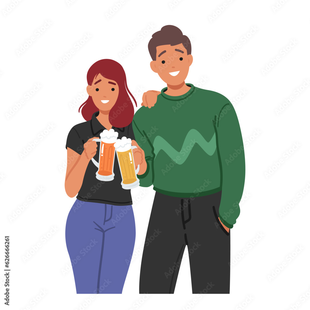 Young Couple Man And Woman Enjoy Drinking Beer Together, Savoring The Refreshing Flavors And Creating Cherished Memories Young Couple Man And Woman Enjoy Drinking Beer Together, Savoring The Refreshing Flavors And Creating Cherished Memories