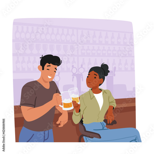 Young Man And Woman In A Bar Enjoying Beer  Raising Their Glasses In A Toast  Creating A Lively Atmosphere