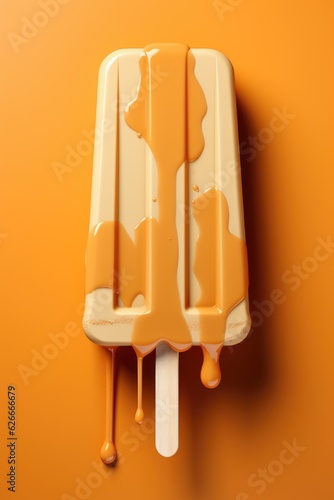 Mango vanilla popsicle with sweet syrup on a bright orange background. Natural juicy orange icecream on a stick. Homemade ice cream dessert. Modern summer concept. Place for text