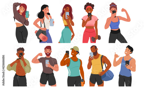 Fitness Enthusiasts Male and Female Characters Capturing Their Workout Triumphs With Selfies In The Gym, Vector
