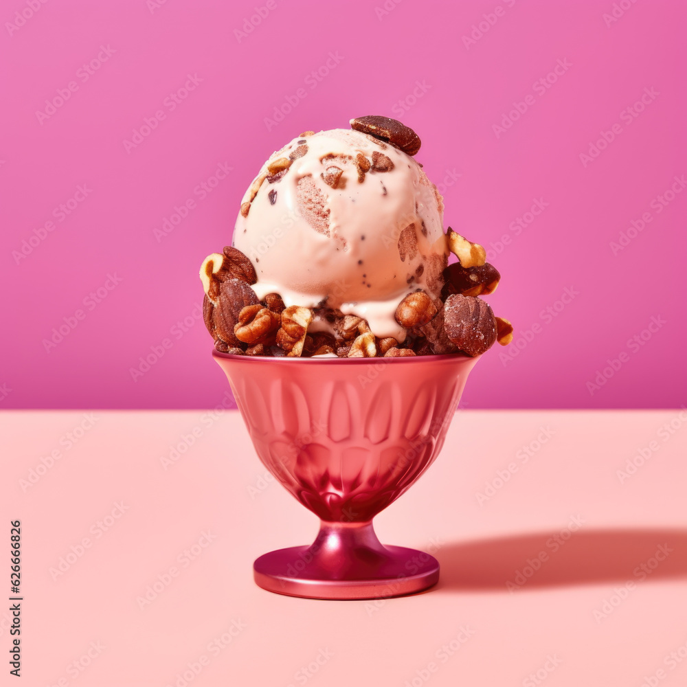 Strawberry ice cream with cookie crumb and nuts in a glass bowl. Creme brulee. Isolated on bright pink background. Modern summer concept. Place for text Strawberry ice cream with cookie crumb and nuts in a glass bowl. Creme brulee. Isolated on bright pink background. Modern summer concept. Place for text