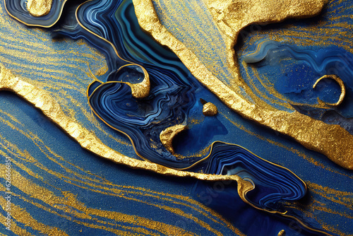 Blue and golden acrylic liquid ink swirl abstract background with ravishing turbulence wavy pattern and detailed texture. Luxury fluid liquid art by Generative AI.