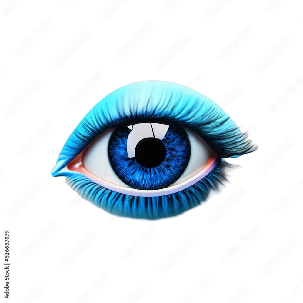 Close-up of a blue eye with big eyelashes isolated on white square shaped background generated with AI Close-up of a blue eye with big eyelashes isolated on white square shaped background generated with AI