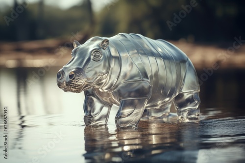 Hippo made of glass in the nature. AI generative art