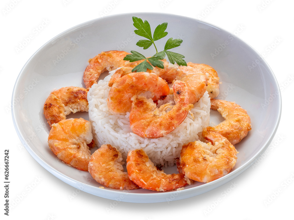 Fried shrimps with rice in white dish with parsley leaves, isolated Fried shrimps with rice in white dish with parsley leaves, isolated