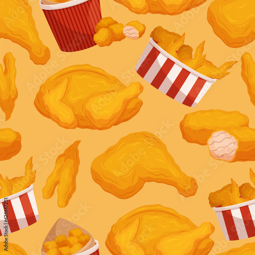 Seamless Pattern Featuring Delicious Fried Chicken Fast Food, With Crispy Golden Crust And Savory Seasonings