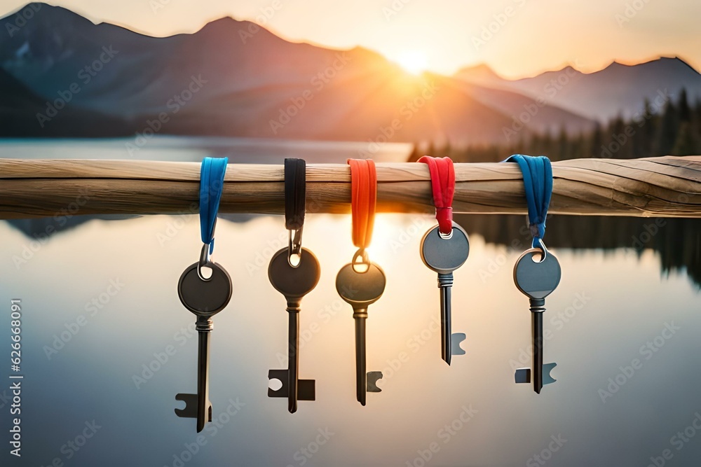 Bunch of keys hanging from a string,new home buying concept, rent or buy dilemma - obrazy, fototapety, plakaty 