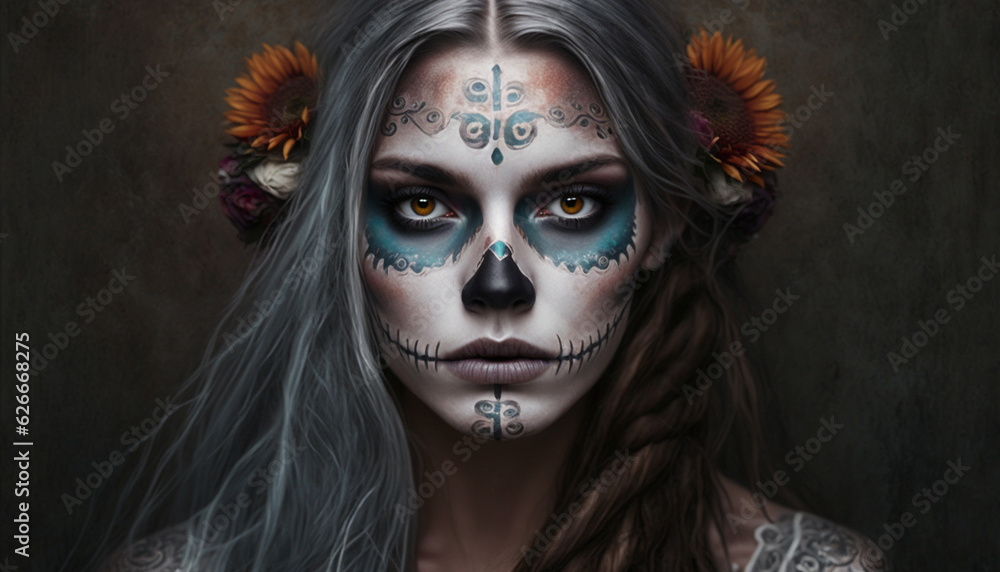 Portrait of a girl with makeup for the Day of the Dead in Mexico. Generative AI. Portrait of a girl with makeup for the Day of the Dead in Mexico. Generative AI.
