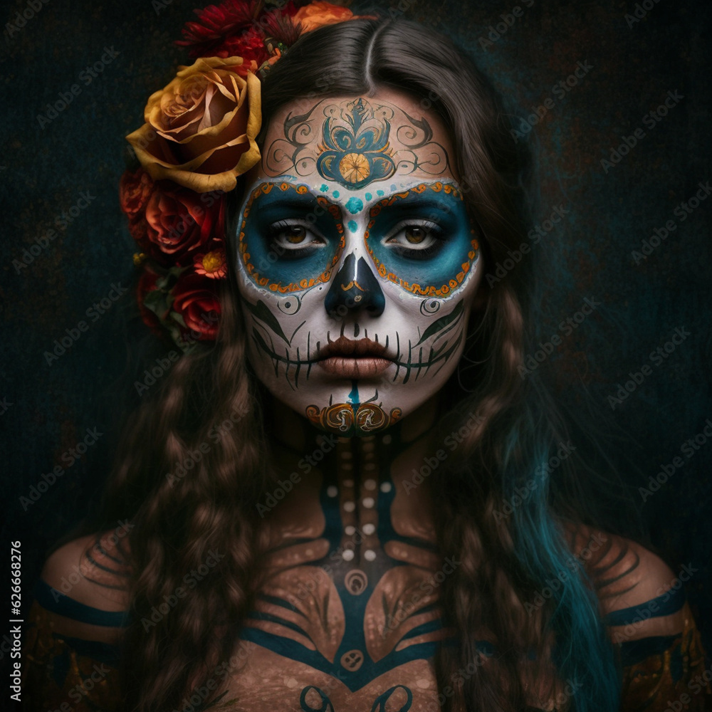 Portrait of a girl with makeup for the Day of the Dead in Mexico. Generative AI. Portrait of a girl with makeup for the Day of the Dead in Mexico. Generative AI.