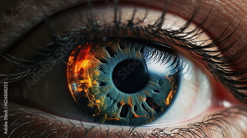 close-up of a human eye reflecting a digital mind #626668253