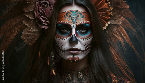 Portrait of a girl with makeup for the Day of the Dead in Mexico. Generative AI.