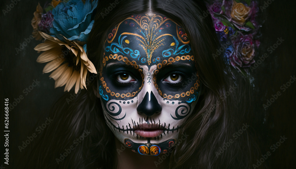 Portrait of a girl with makeup for the Day of the Dead in Mexico. Generative AI. Portrait of a girl with makeup for the Day of the Dead in Mexico. Generative AI.