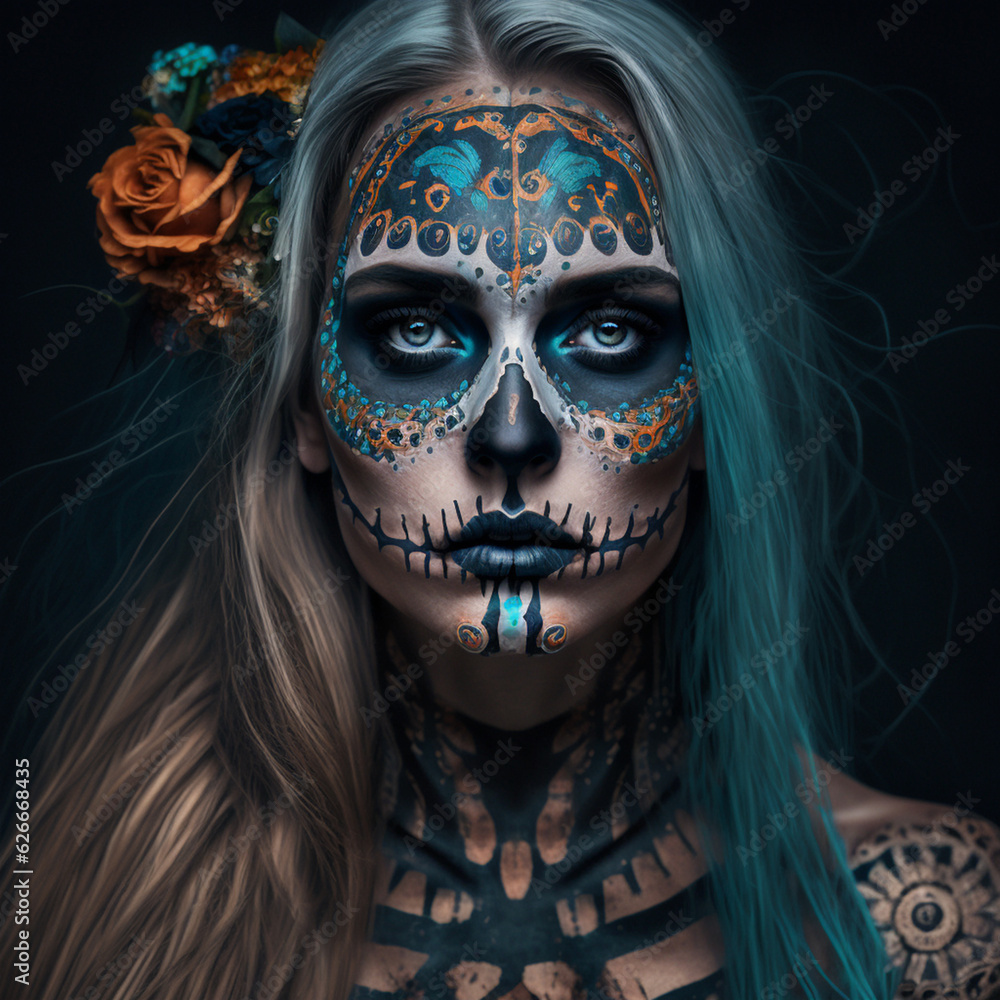 Portrait of a girl with makeup for the Day of the Dead in Mexico. Generative AI. Portrait of a girl with makeup for the Day of the Dead in Mexico. Generative AI.