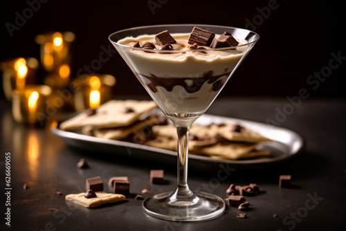 Kitkat chocolate shake with chocolate chips in a martini glass