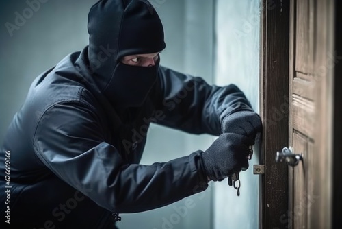 A burglar breaking down a flat door created with generative AI technology. photo