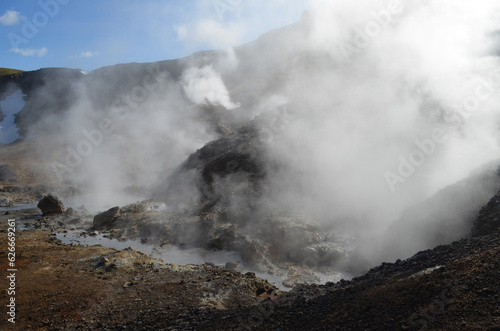 Hot Steam Rising from Fumaroles in Rugged Iceland