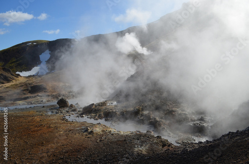 Geothermal Hot Steam Vapors Rising from Volcanic Activity