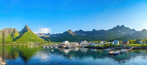 Fishing base in village Mefjordvaer, island Senja, Norway, Mefjord Brygge. Fishing village in summer day, Panorama photo