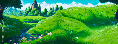 Realistic vector style environment digital art. Big wide horizontal backdrop illustration. Medieval verdant countryside, with a stream, flowers and a wall of clouds in the background.