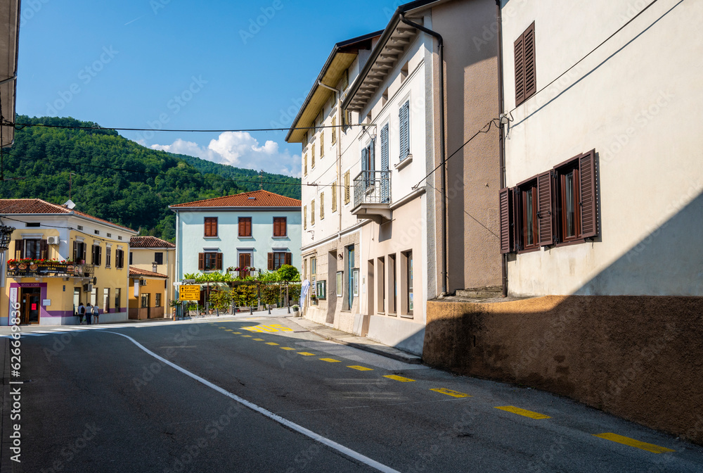 Small, mountain town of Kanal ob Soci, famous for its bridge and beautiful houses in the Soca river vicinity