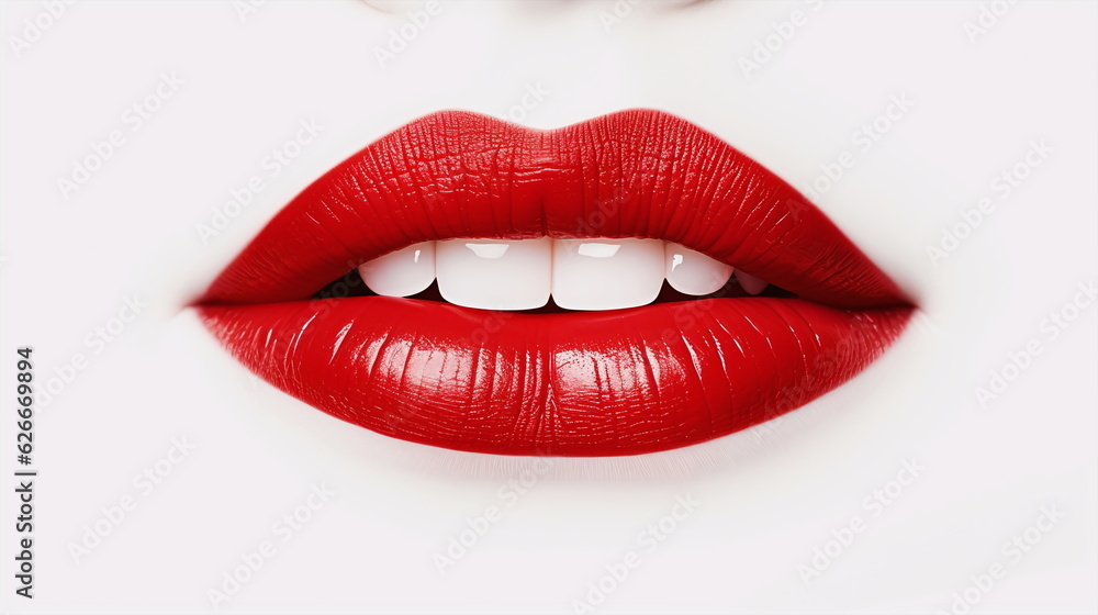 Close up of open female mouth with red lips and white teeth, white background Close up of open female mouth with red lips and white teeth, white background