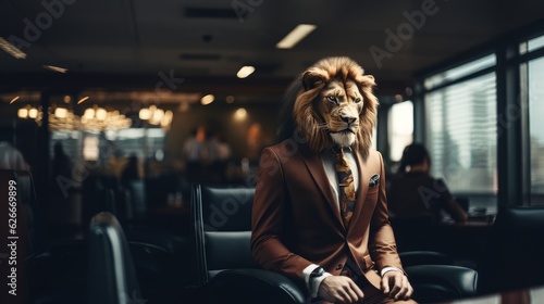 Lion businessman. Concept of power  leadership and power in the corporate world. Generative AI