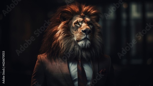 Lion businessman. Concept of power, leadership and power in the corporate world. Generative AI © ColdFire