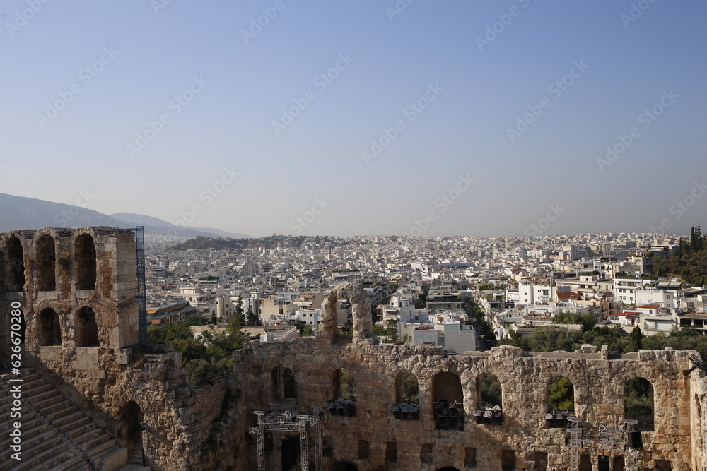 Urban skyline of Athens Greece from the top of the Acropolis landmark on a blue sunny summer sky