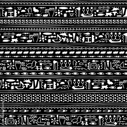 Egyptian imaginary theme monochrome black white vector line seamless pattern. Can be used like border on black background