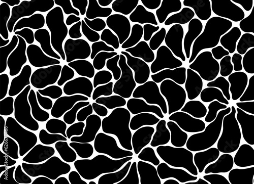 Vector black and white seamless pattern with free silhouettes of floral organic shapes. Matisse flower art endless background. Organic flat in trendy naive retro style. Floral vector illustration