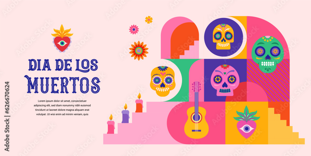 Dia de los muertos, Day of the dead, Mexican holiday, festival. Vector poster, banner and card in modern geometrical style, with skulls, church, guitar and flowers