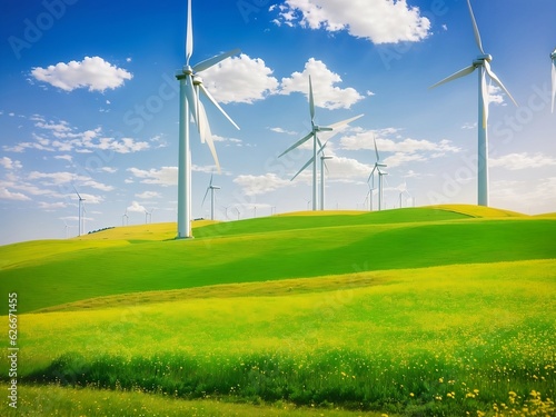 wind turbines farm, wind power wonderland, wind turbines windmill energy farm, Wind turbine in a yellow flower field of rapeseed 