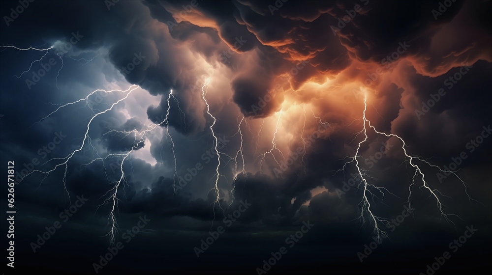 Dangerous thunderstorm with thunderbolts, orange black blue clouds - obrazy, fototapety, plakaty 