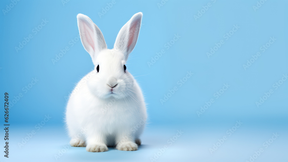 Advertising portrait, banner, white rabbit in full growth, isolated on light blue background