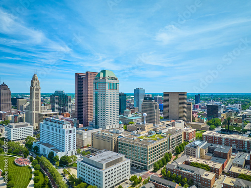 Blue sky with wispy clouds over downtown Columbus Ohio in summer aerial © Nicholas J. Klein