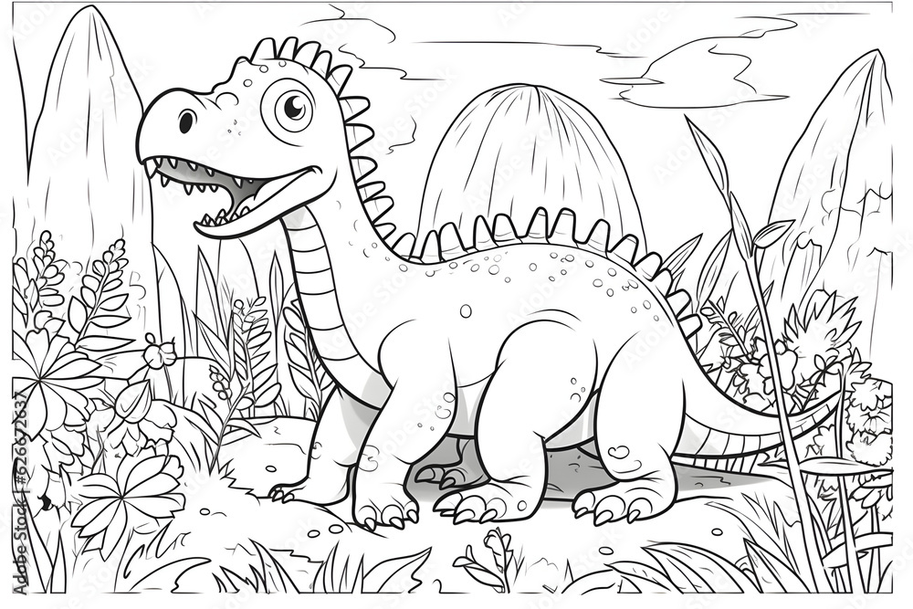 Fototapeta premium dinosaur illustration, coloring page for kids, generative ai