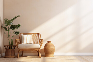 Empty beige wall mockup in boho room interior with wicker armchair and vase. Natural daylight from a window. Promotion background.