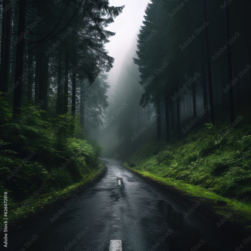 Obraz premium Photo of a suburban highway full of fog and dark colors