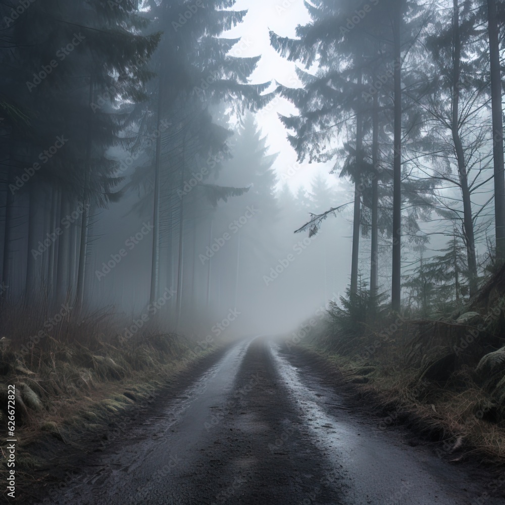 Obraz premium Photo of a suburban highway full of fog and dark colors